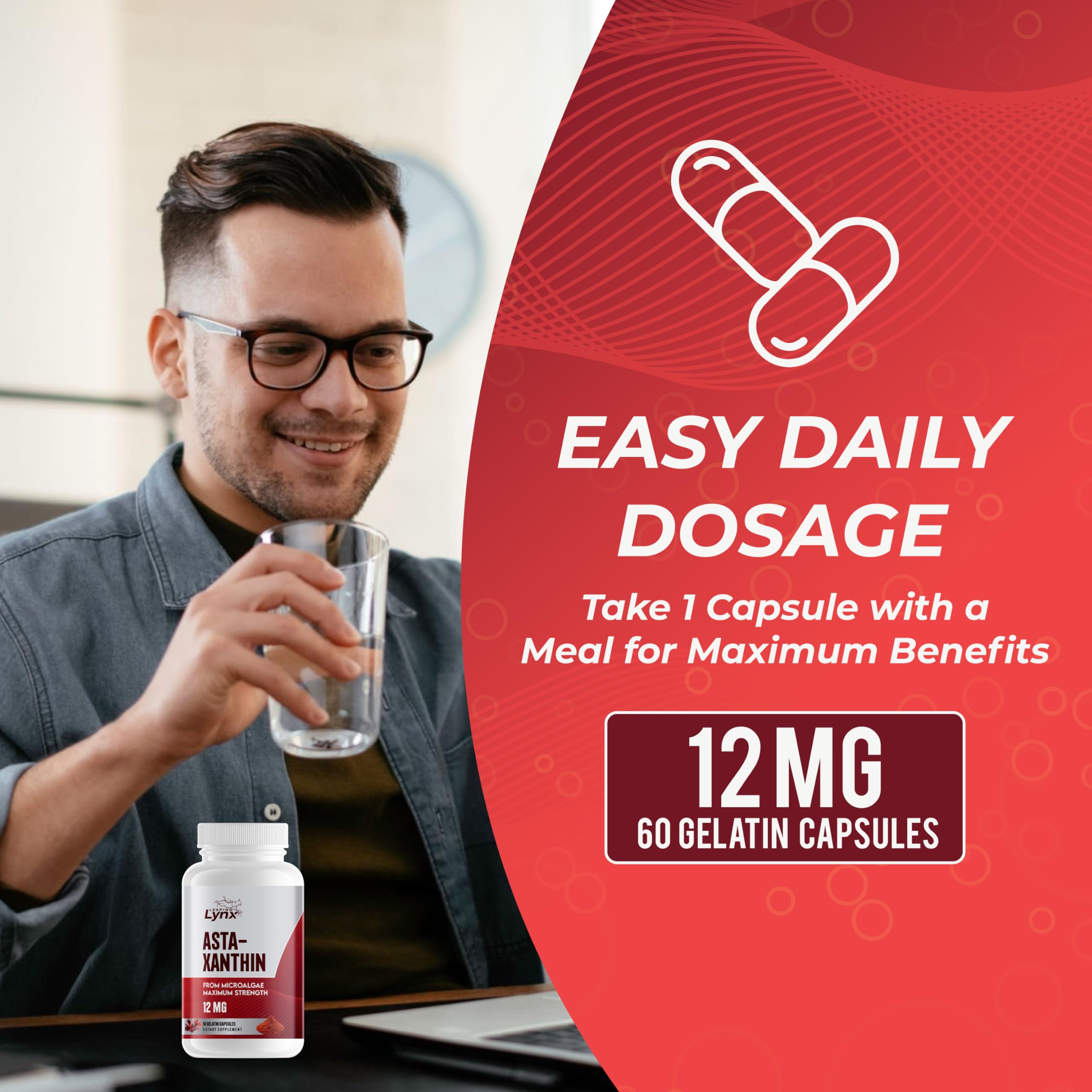 Packaging box image for Leaping Lynx Astaxanthin 12mg signaling premium quality.