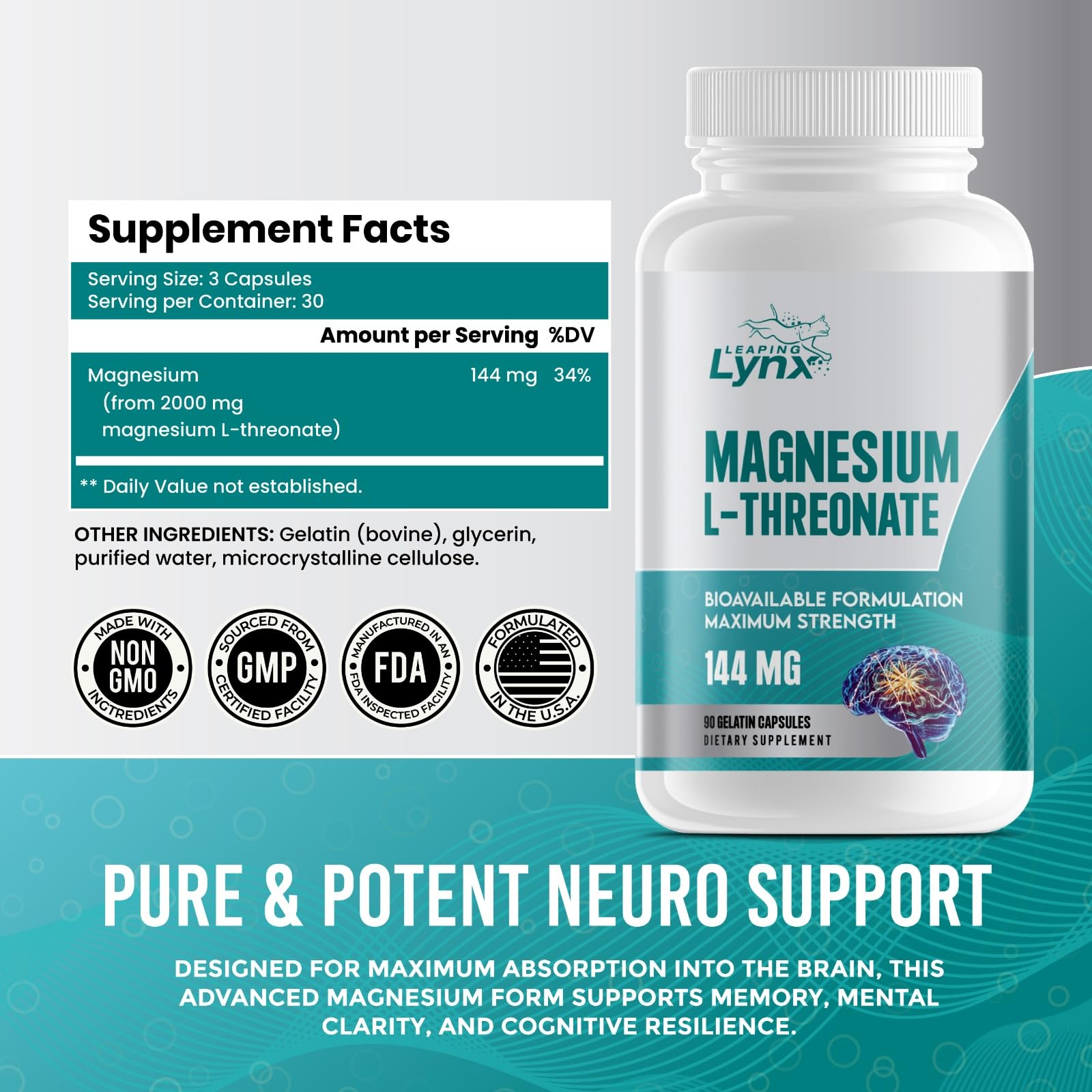 Leaping Lynx Pure Magnesium L-Threonate capsules closeup shows 144 mg dose in each serving.