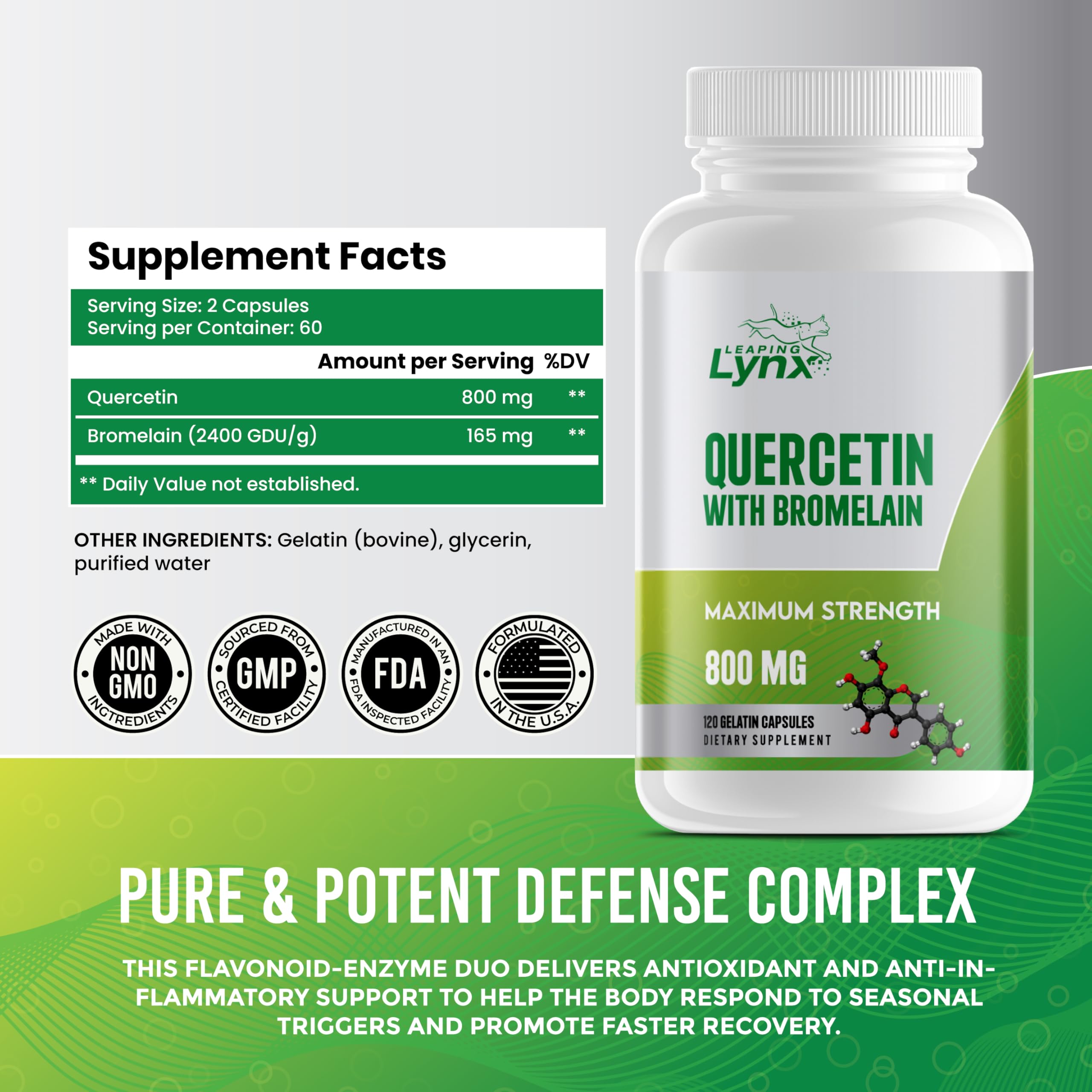 Leaping Lynx Quercetin bottle label highlights ingredients and non-GMO formula