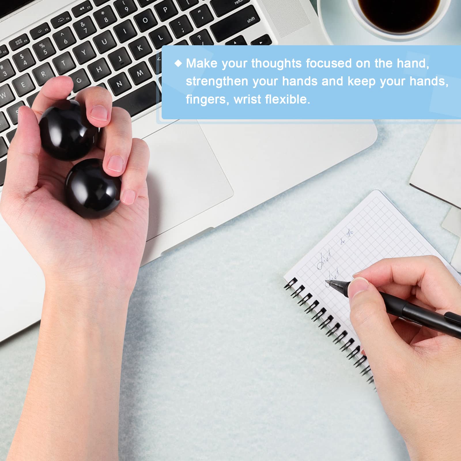Learay two-ball set in use for synchronized hand exercise
