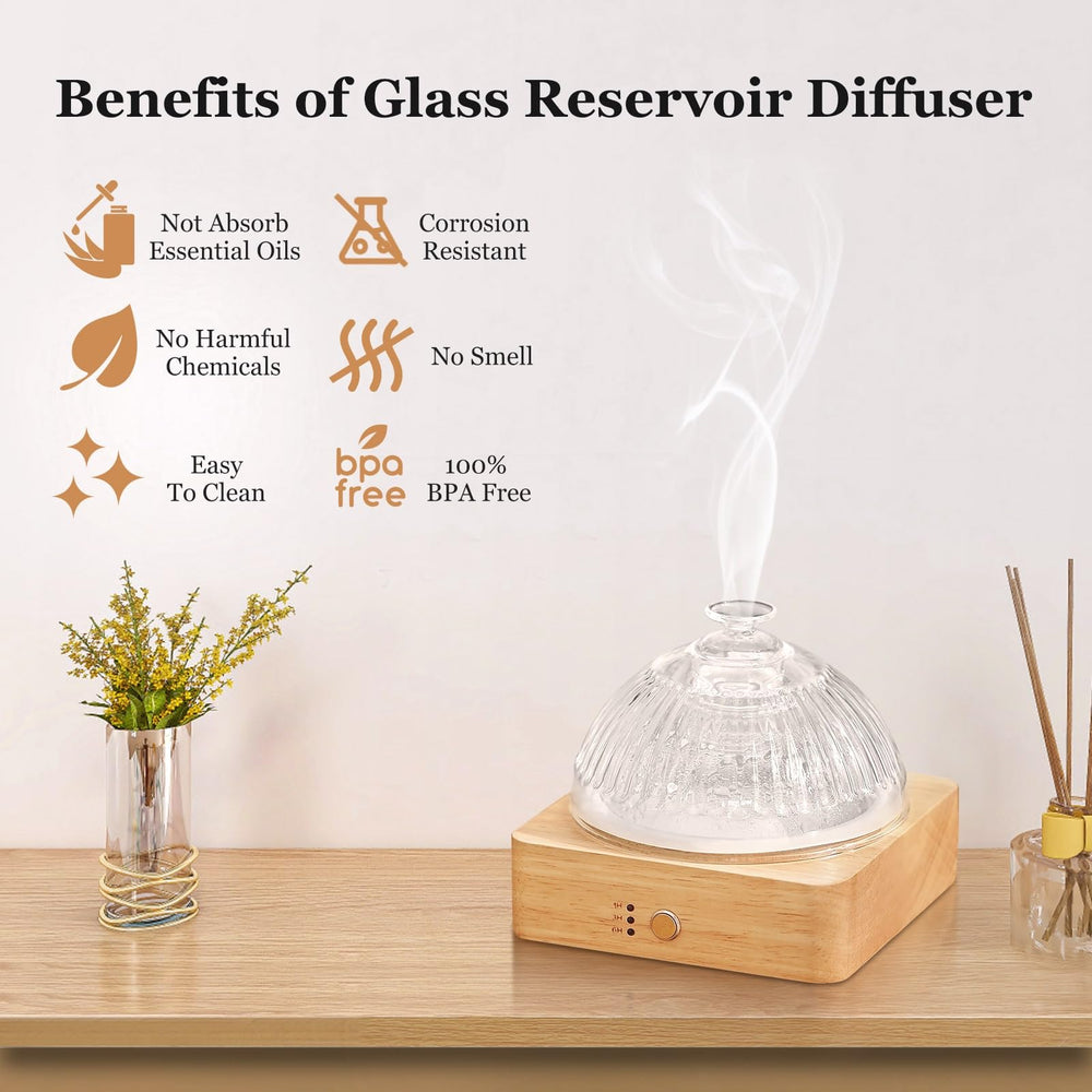 Lecdura diffuser features a glass dome showcasing artisan craftsmanship.