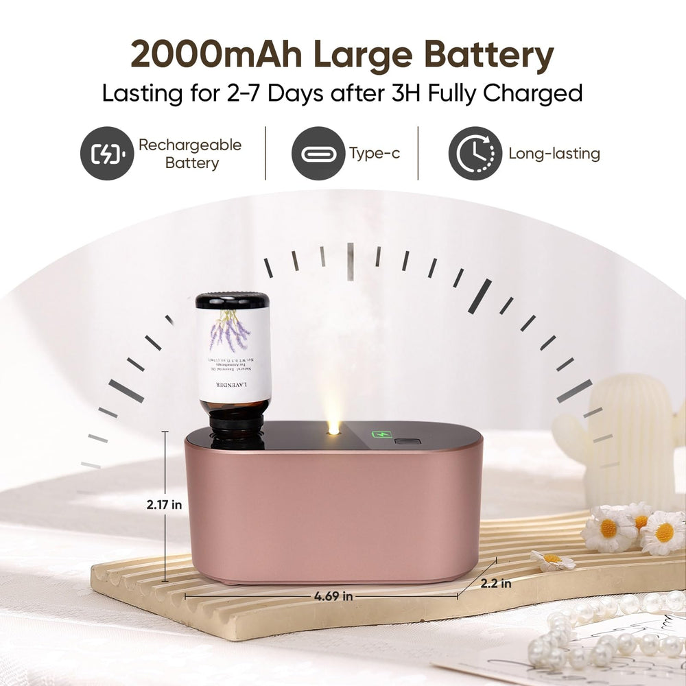 Lecdura rose-gold diffuser displaying intermittent mist modes for customized scent cycles