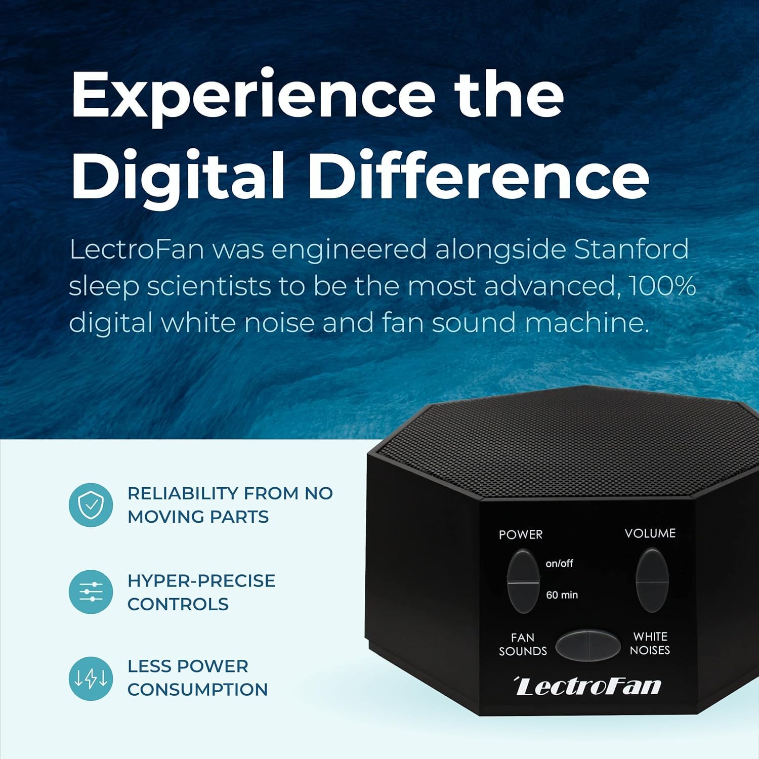 LectroFan Classic control panel; intuitive options to customize non-looping sounds