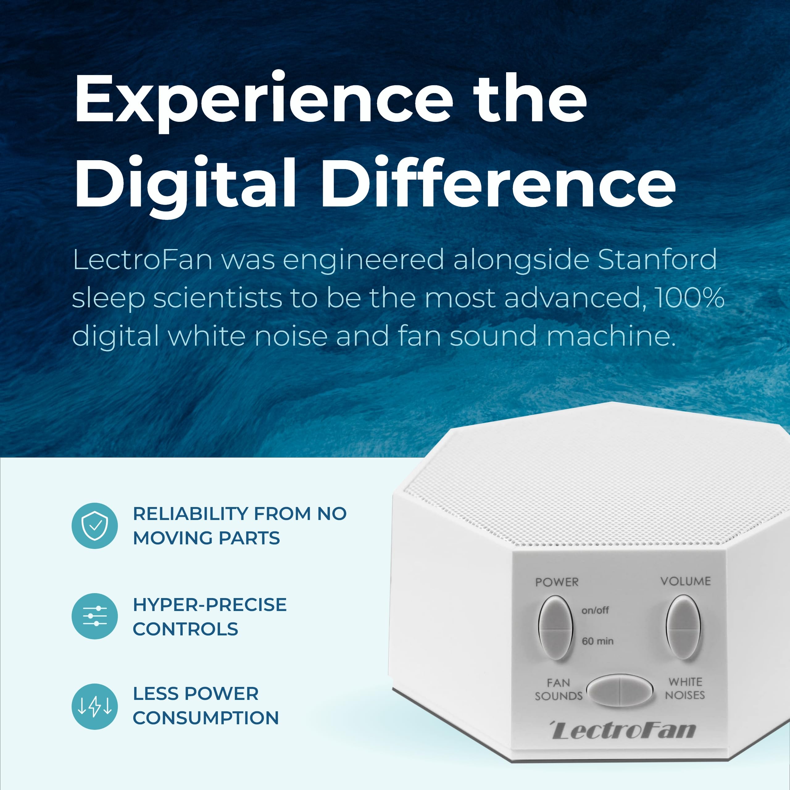 LectroFan Classic top control dial enables precise volume and sound selection.