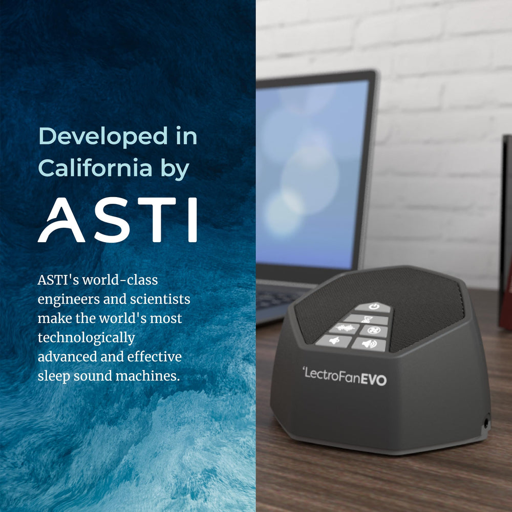 LectroFan EVO charcoal finish blending with bedroom decor and remaining discreet.