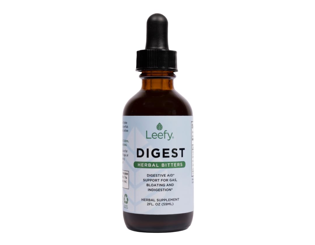 Leefy Organics Digest bottle front label highlights herbal blend for digestion support.