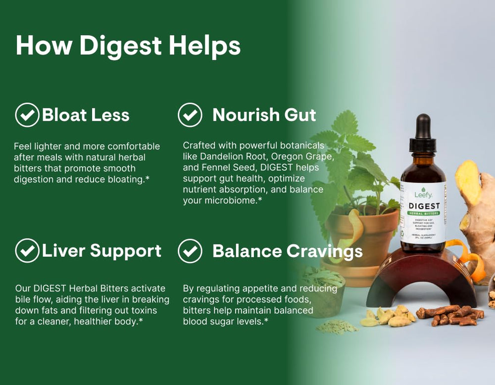 Leefy Organics Digest dandelion root visuals signal plant based support.