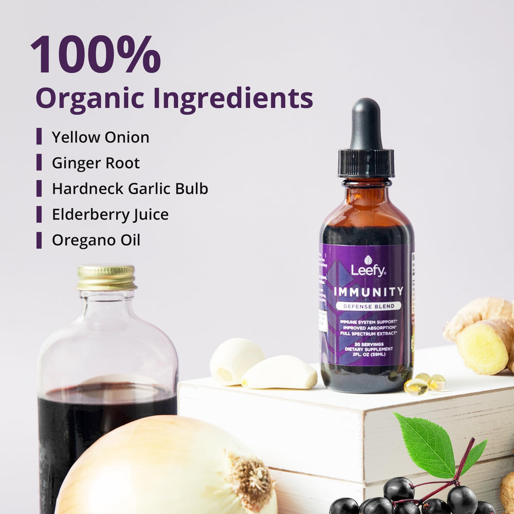 Ingredients like elderberry, garlic, and ginger displayed alongside Leefy Immunity Defense.