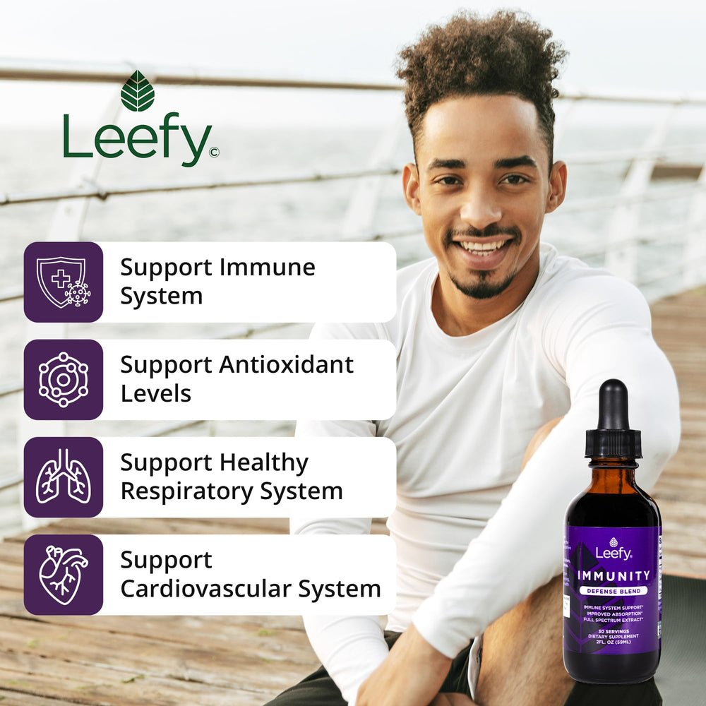 Close-up of Leefy Organics label highlighting natural ingredients for immunity.
