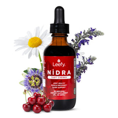 Leefy Organics Tart Cherry Nidra bottle close-up showing fast absorption formula for recovery