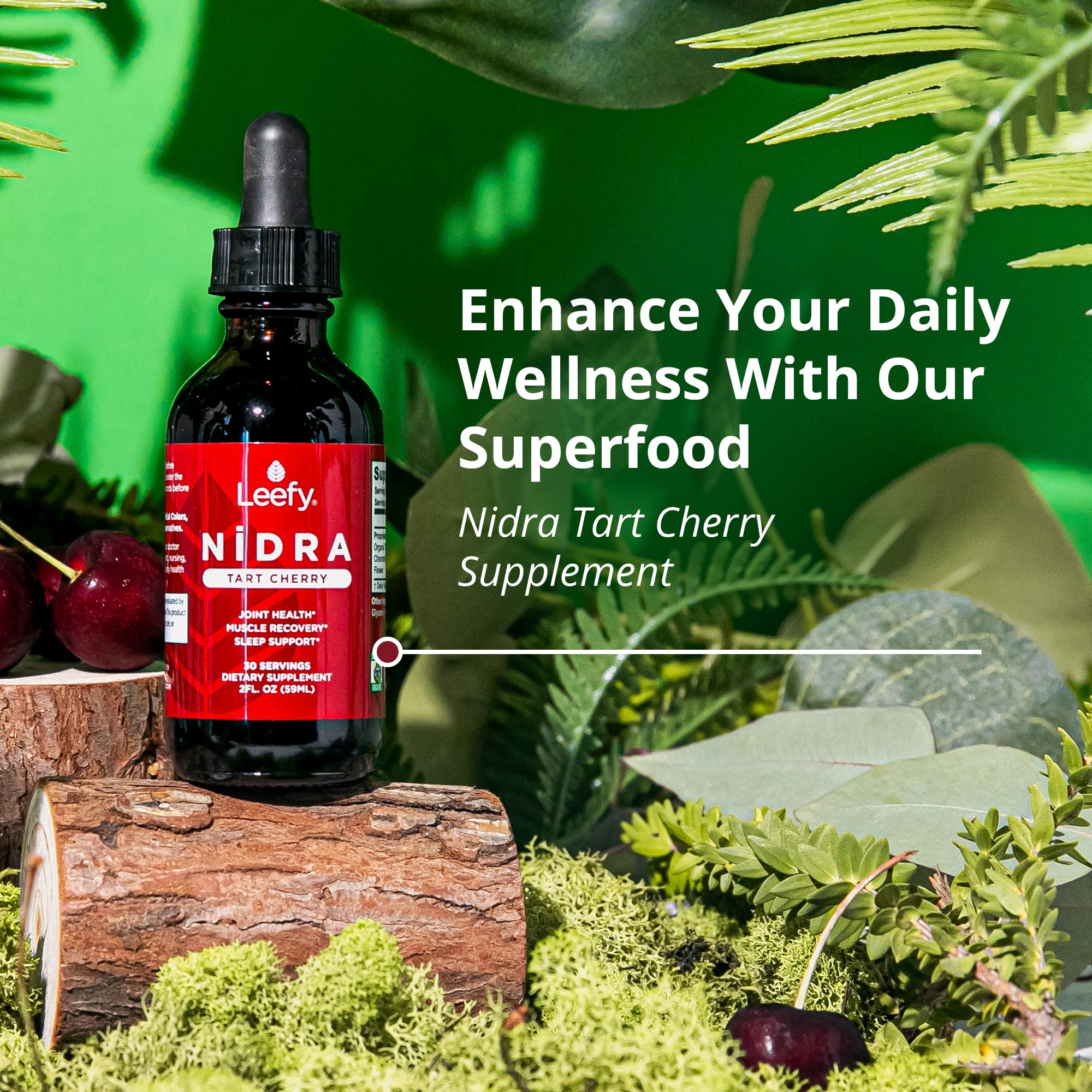 Leefy Organics Tart Cherry Nidra label close-up with non-GMO and gluten-free emphasis