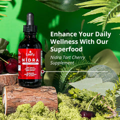 Leefy Organics Tart Cherry Nidra label close-up with non-GMO and gluten-free emphasis
