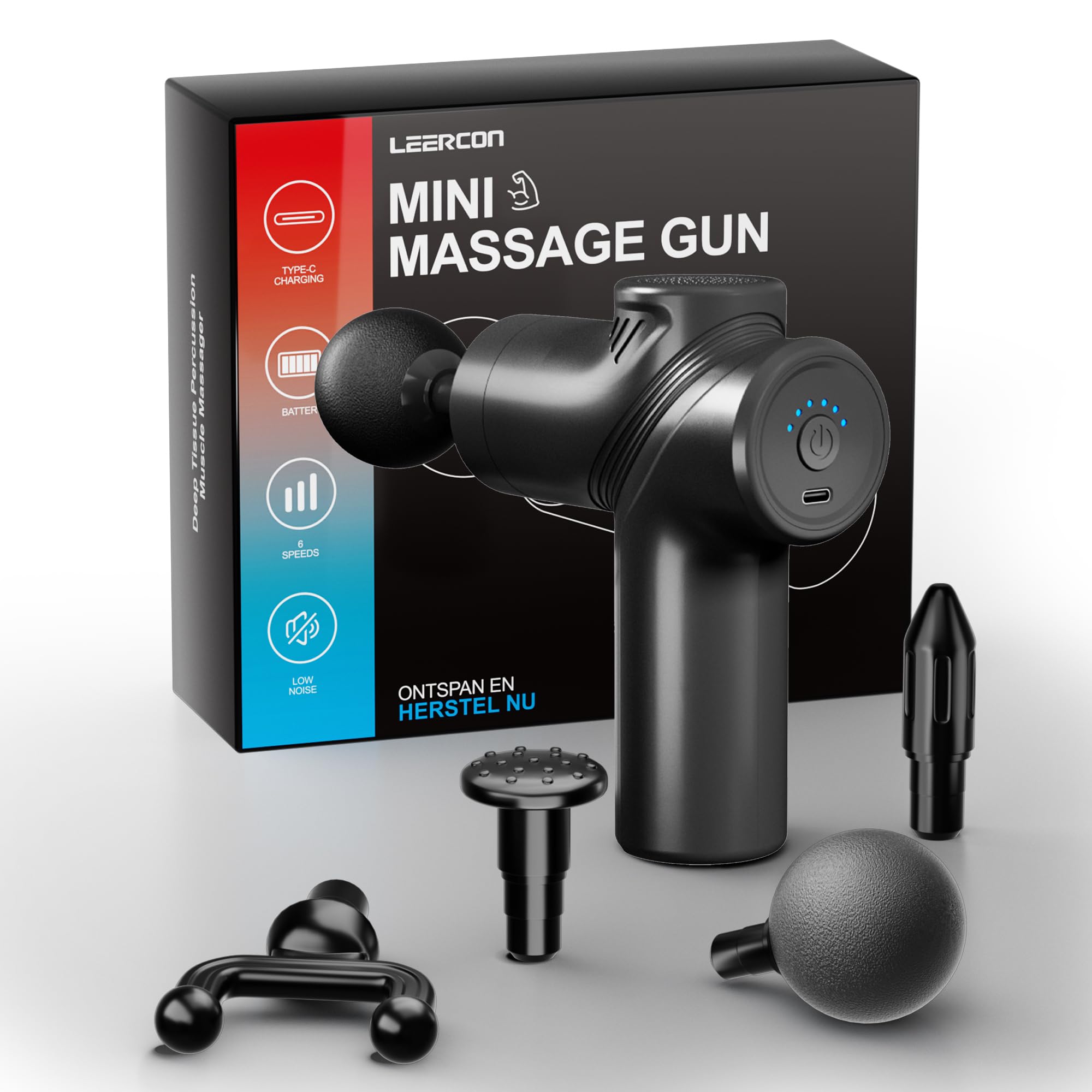 LEERCON massage gun front view shows a compact design for on-the-go relief.
