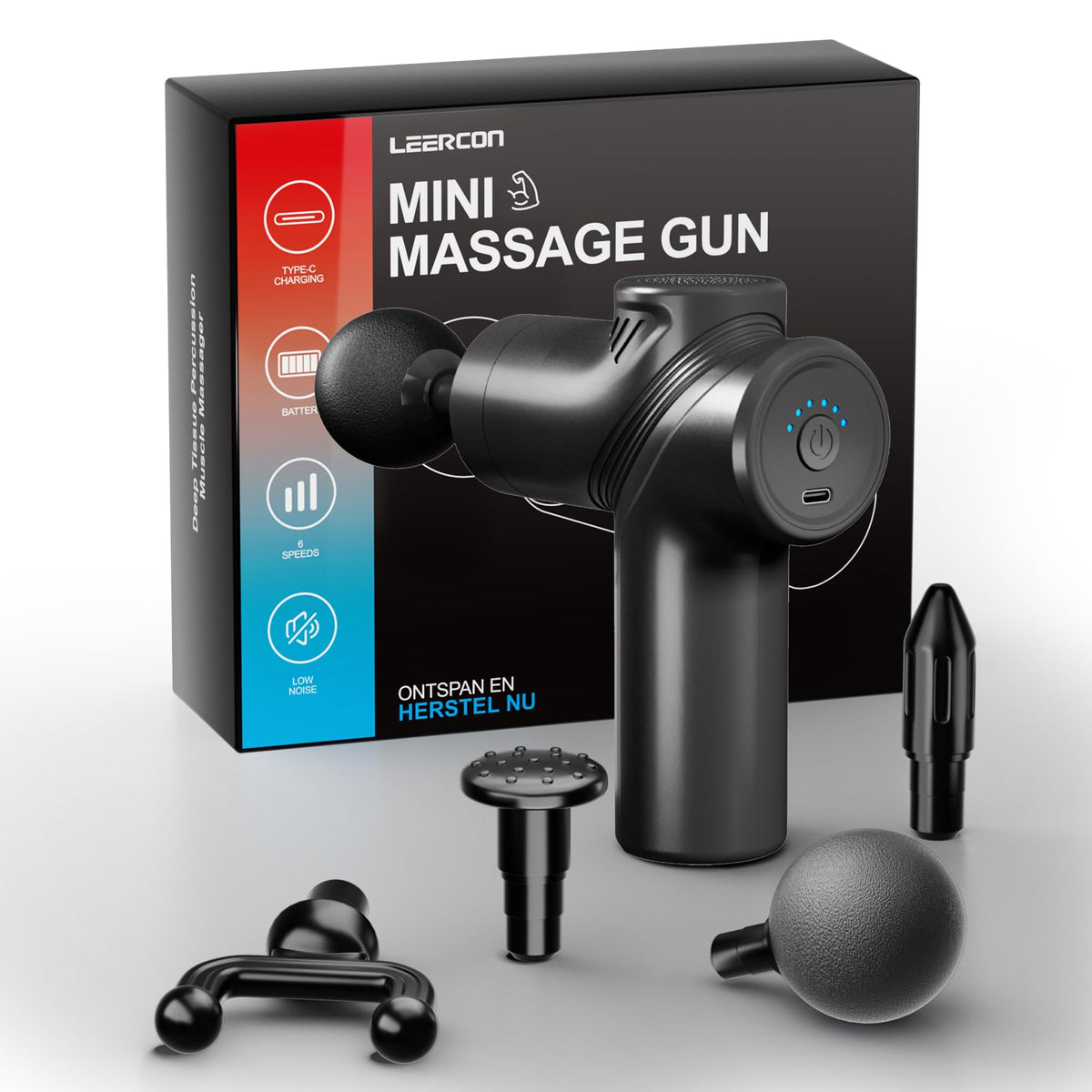 LEERCON massage gun front view shows a compact design for on-the-go relief.