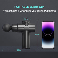 LEERCON mini massage gun with 4 interchangeable heads for full-body targeting.
