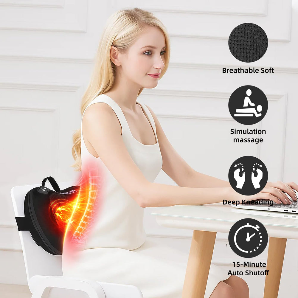 LEERCON massager strapped to chair enabling hands-free relaxation at work.