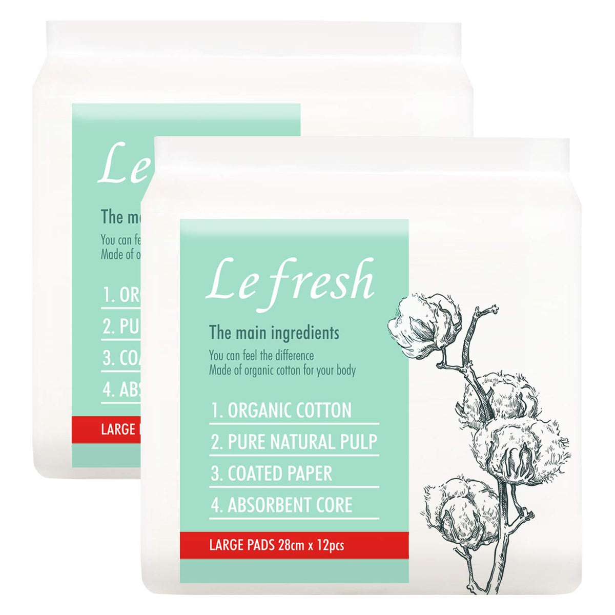 Lefresh organic cotton cover pads with wings in front packaging for secure everyday protection