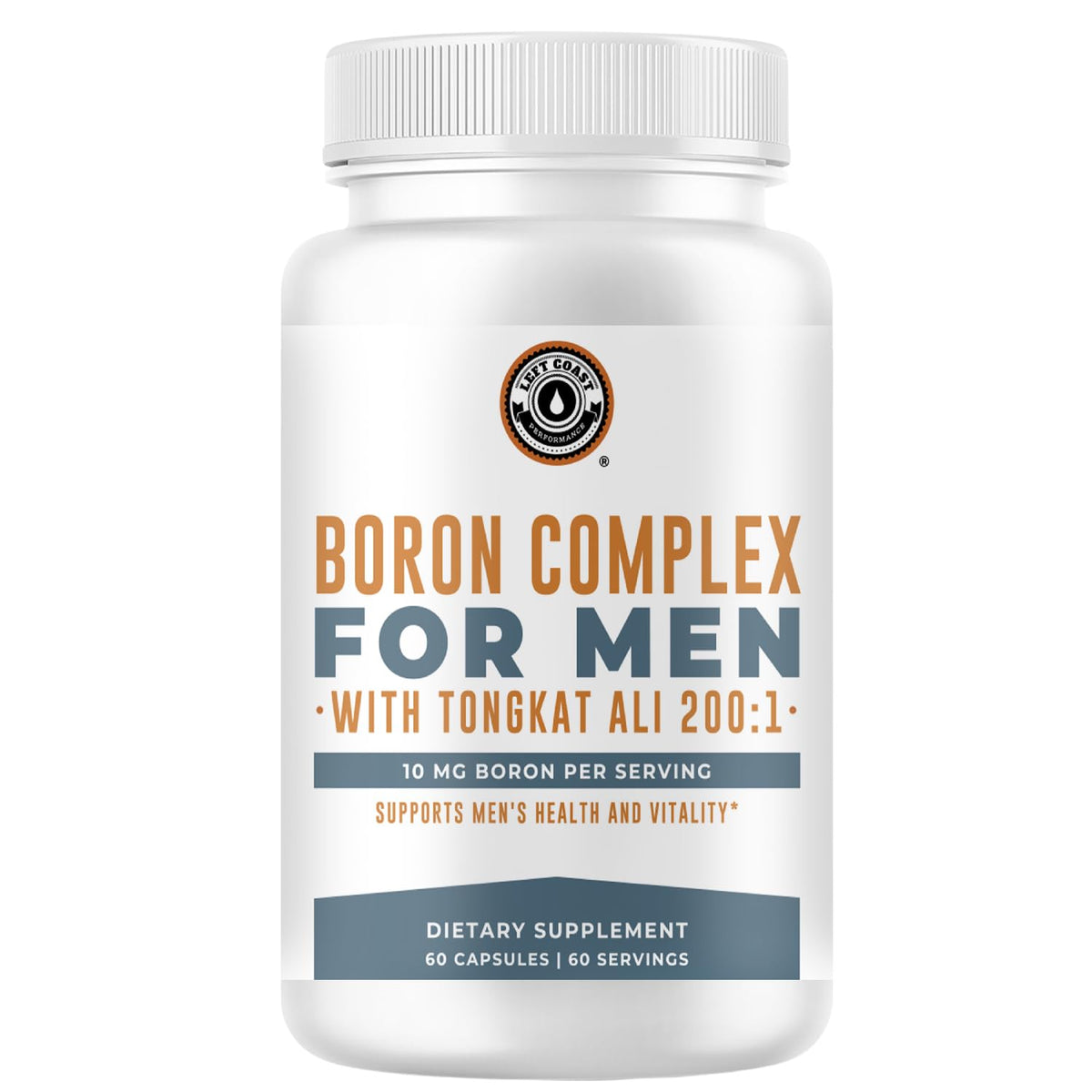 Left Coast Performance boron Tongkat Ali bottle for daily energy support.