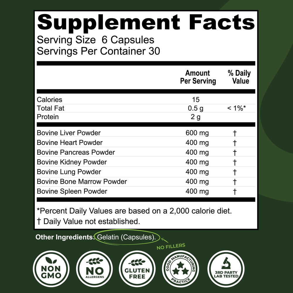 Close-up of Left Coast Performance capsules highlighting the seven-organ blend.