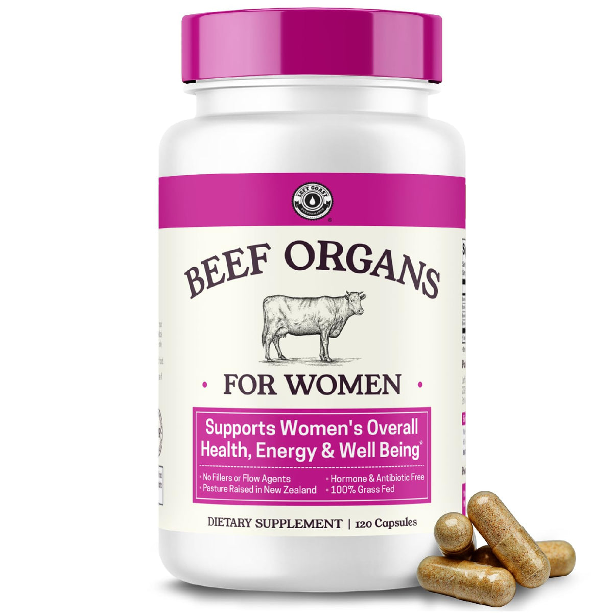 Left Coast Performance beef organ supplement bottle highlighting pasture-raised NZ ingredients for energy support