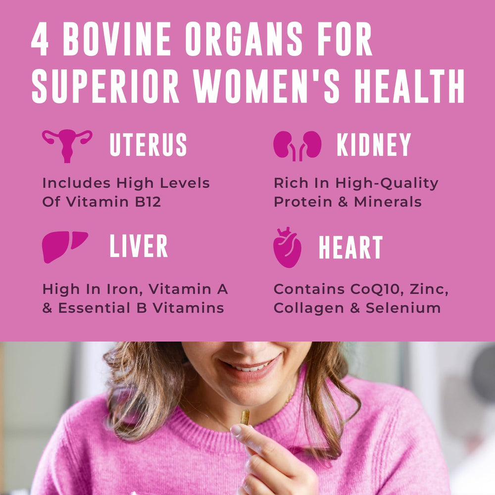 Left Coast Performance beef-organ-women-capsules, to-go bottle, supports energy and immune health.