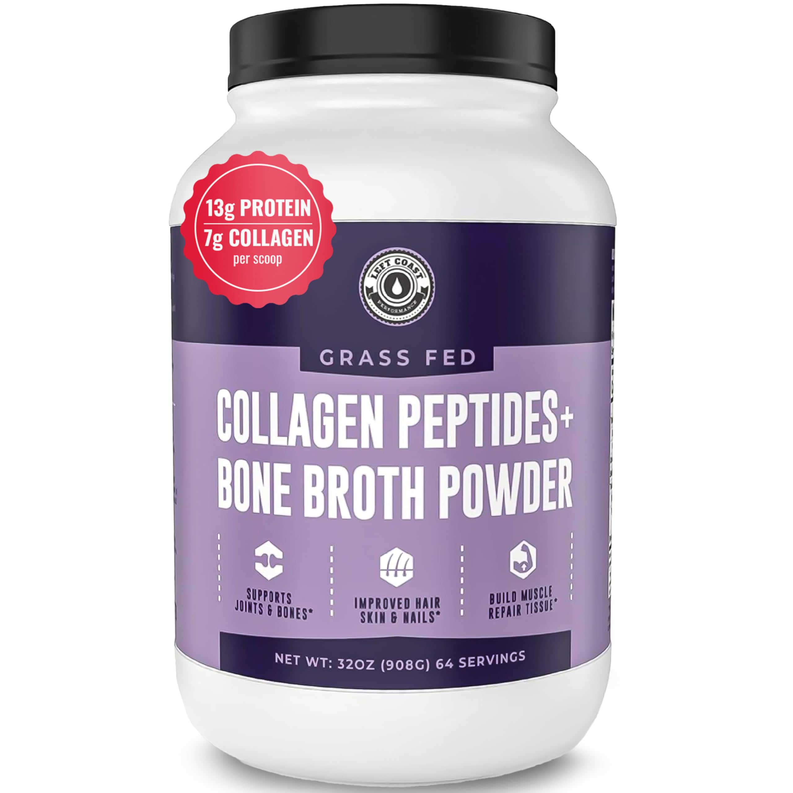 Left Coast Performance bone broth powder jar for a dairy-free protein from grass-fed ingredients.