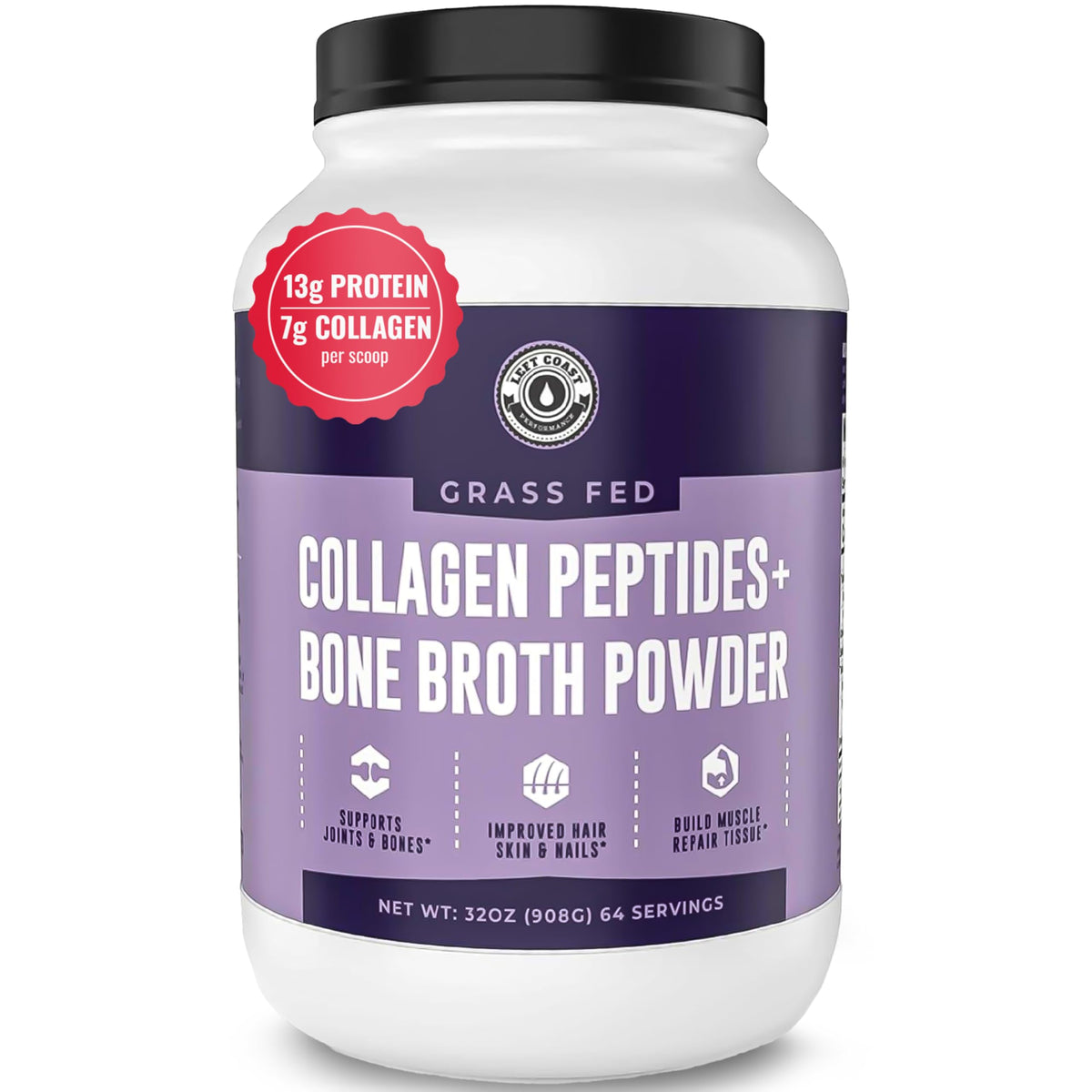 Left Coast Performance bone broth powder jar for a dairy-free protein from grass-fed ingredients.