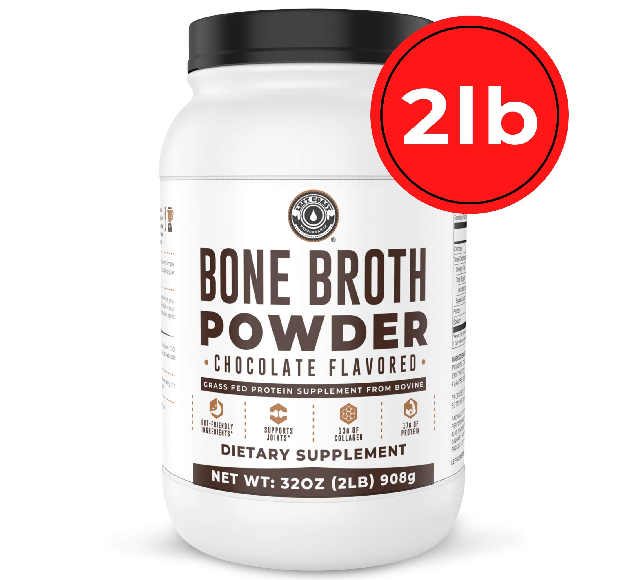 Left Coast Performance bone broth protein chocolate ingredients illustrates collagen types I & III