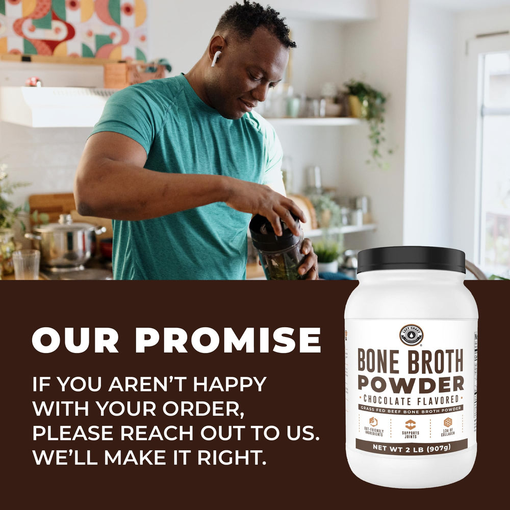 Left Coast Performance bone broth protein chocolate label highlights dairy-free and gluten-free features