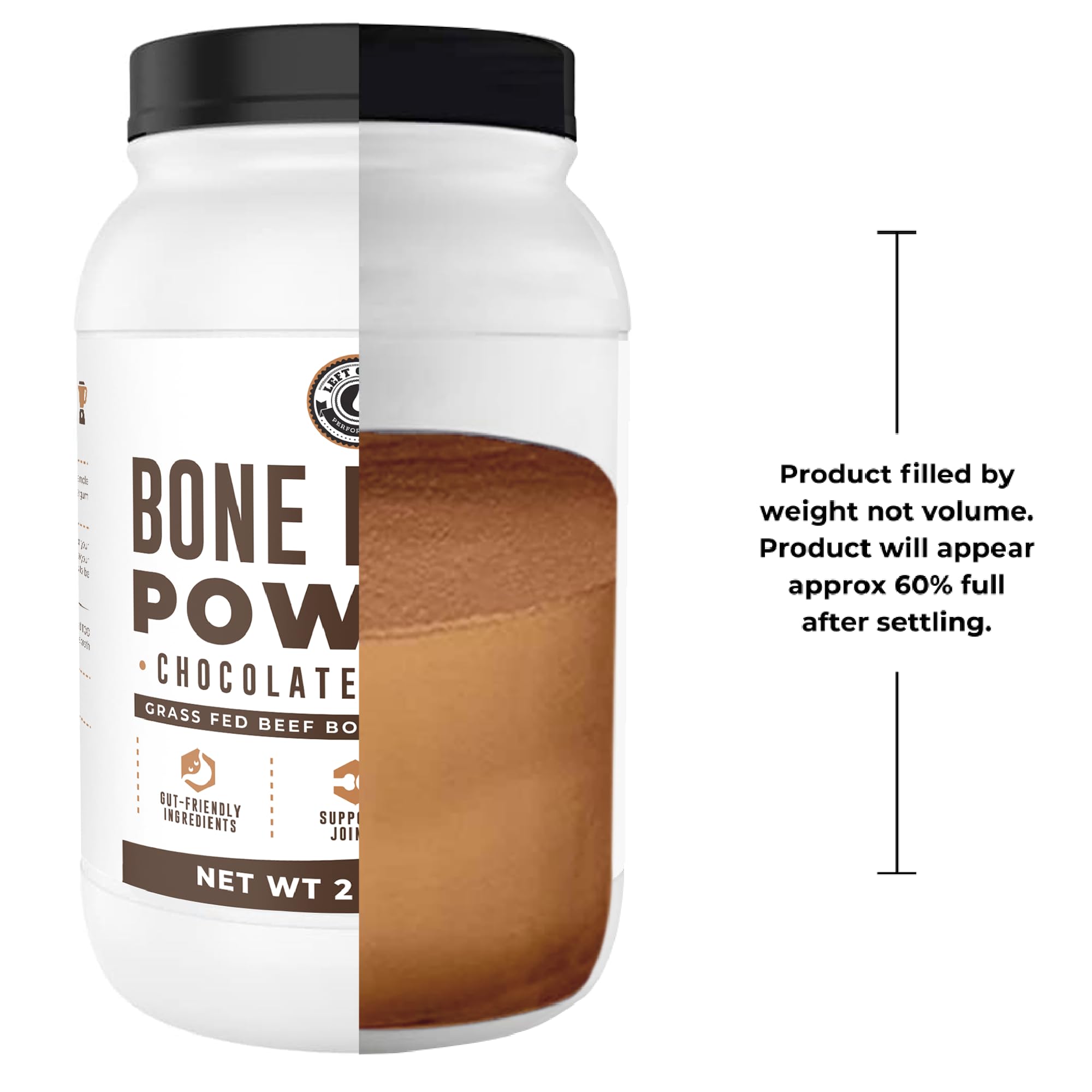 Left Coast Performance bone broth protein chocolate powder dispense demonstrates smooth mixing