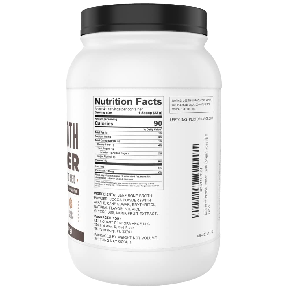 Left Coast Performance bone broth protein chocolate serving scoop highlights easy portioning