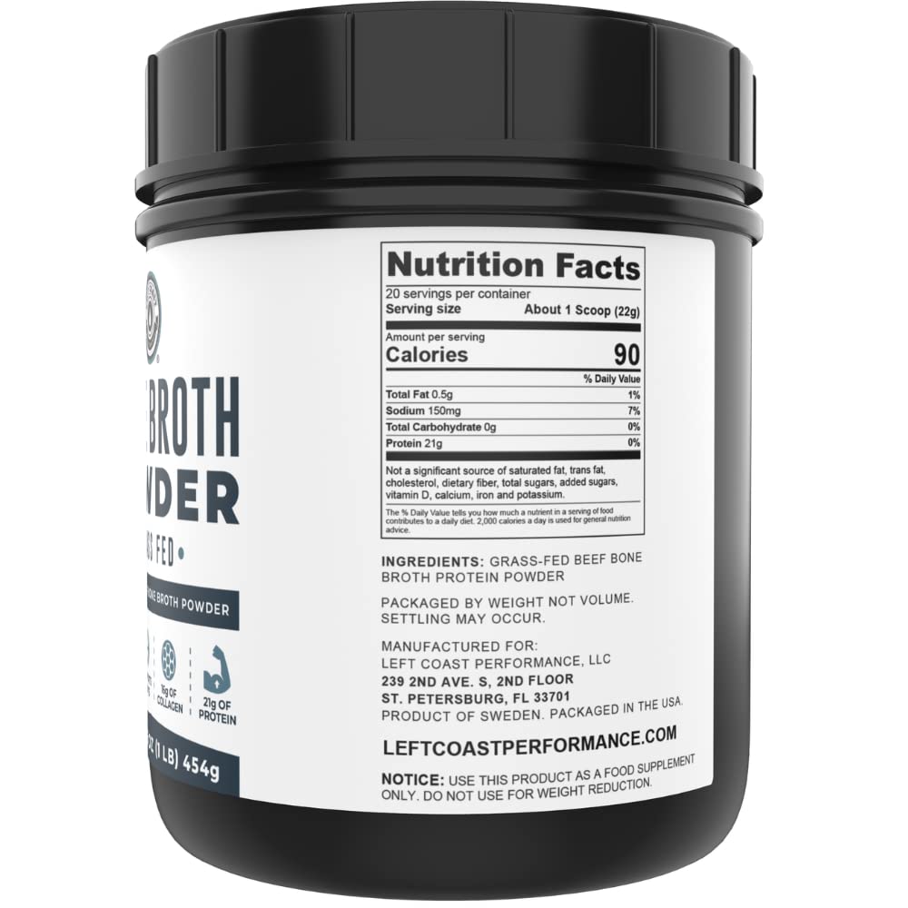 Left Coast Performance bone broth powder open tub ready for soups