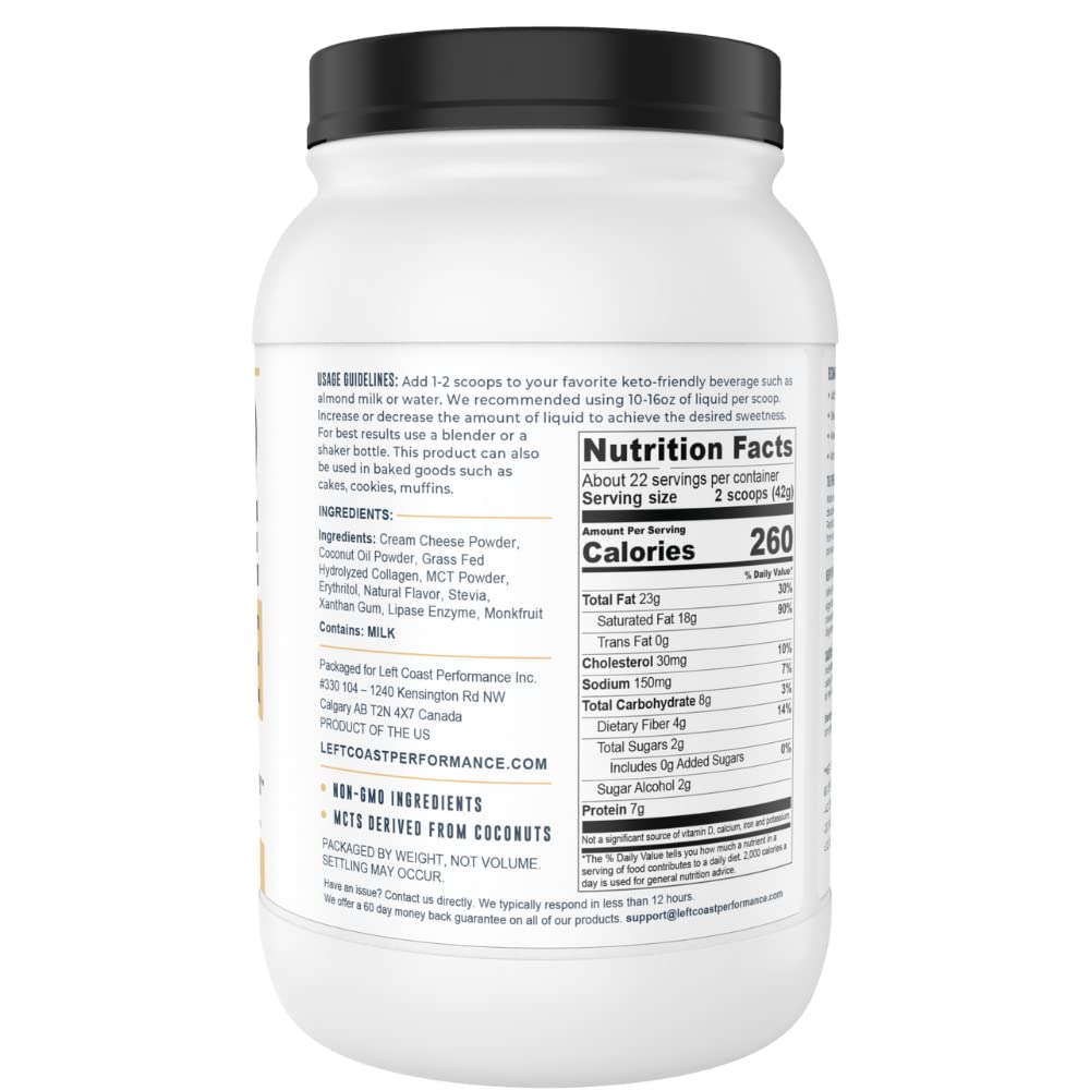 Left Coast Performance Cheesecake Shake macros graphic highlights low carb, high fat profile.
