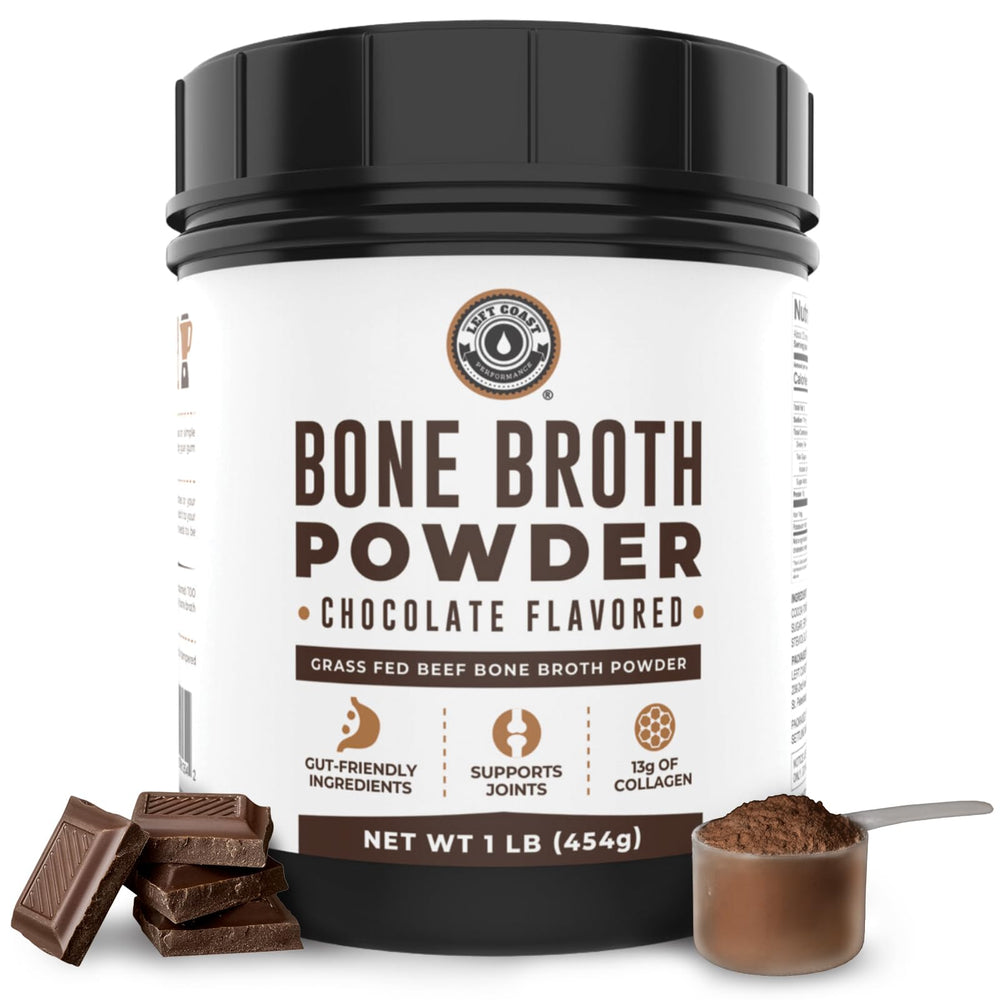 Left Coast Performance chocolate bone broth powder jar showing premium protein blend.
