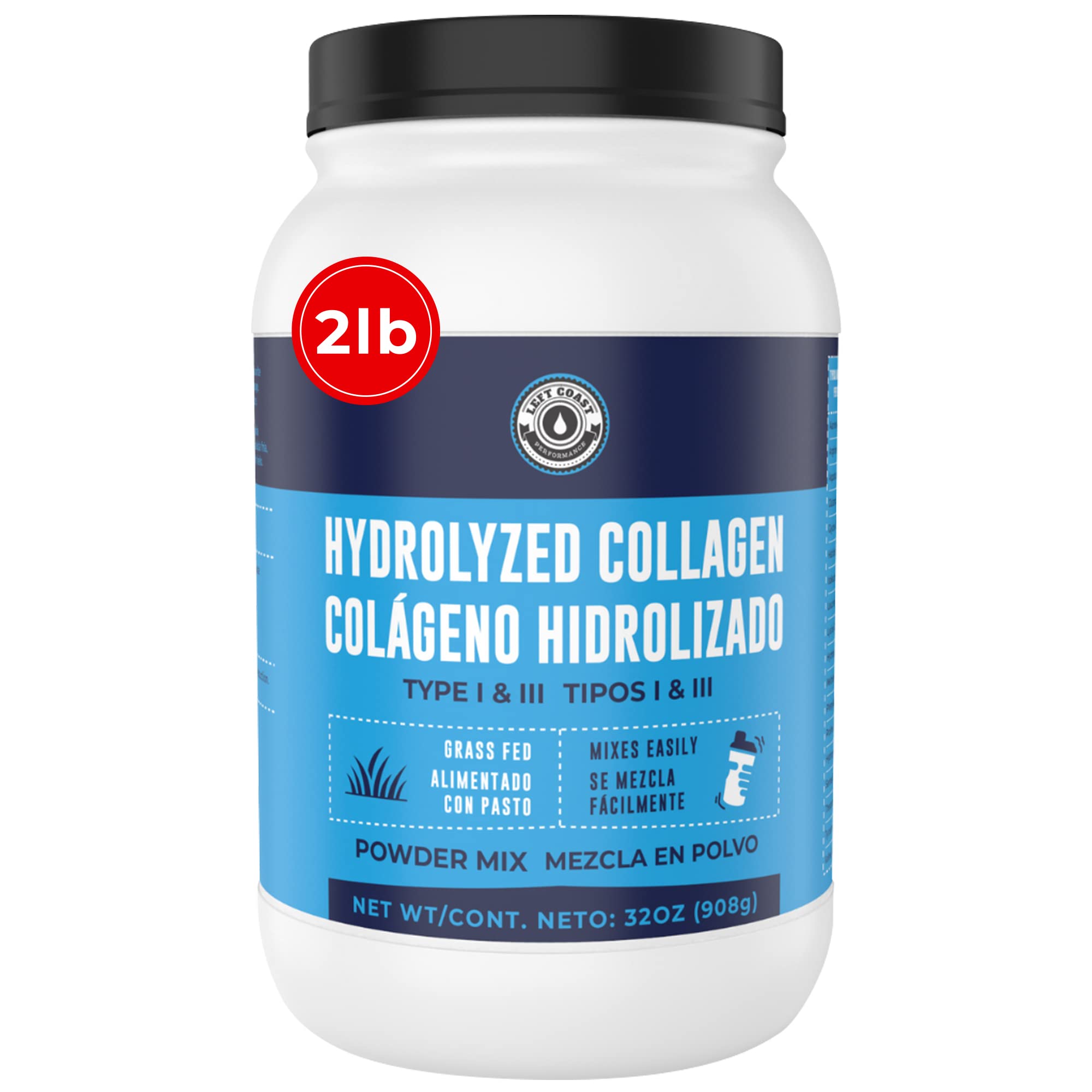 Left Coast Performance collagen hydrolyzed powder bottle showcases premium, grass-fed peptides for joints and skin.