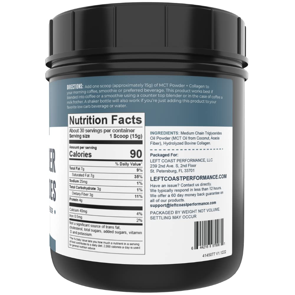 Left Coast Performance Collagen Peptides jar highlighting grass-fed protein use