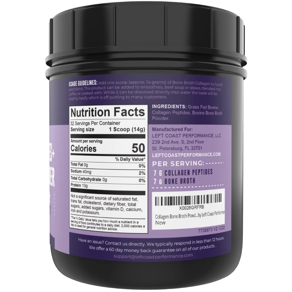 Left Coast Performance grass-fed collagen peptides bag; premium protein source for smoothies.