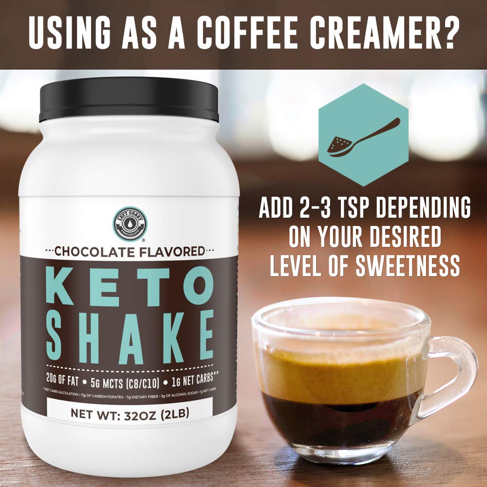 Left Coast Performance keto shake chocolate ingredients close-up highlighting collagen and MCTs.