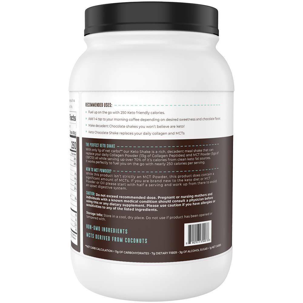 Left Coast Performance keto shake chocolate packaging with nutrition highlights.