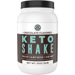 Left Coast Performance keto shake chocolate tub close-up packaging for meal replacement convenience.