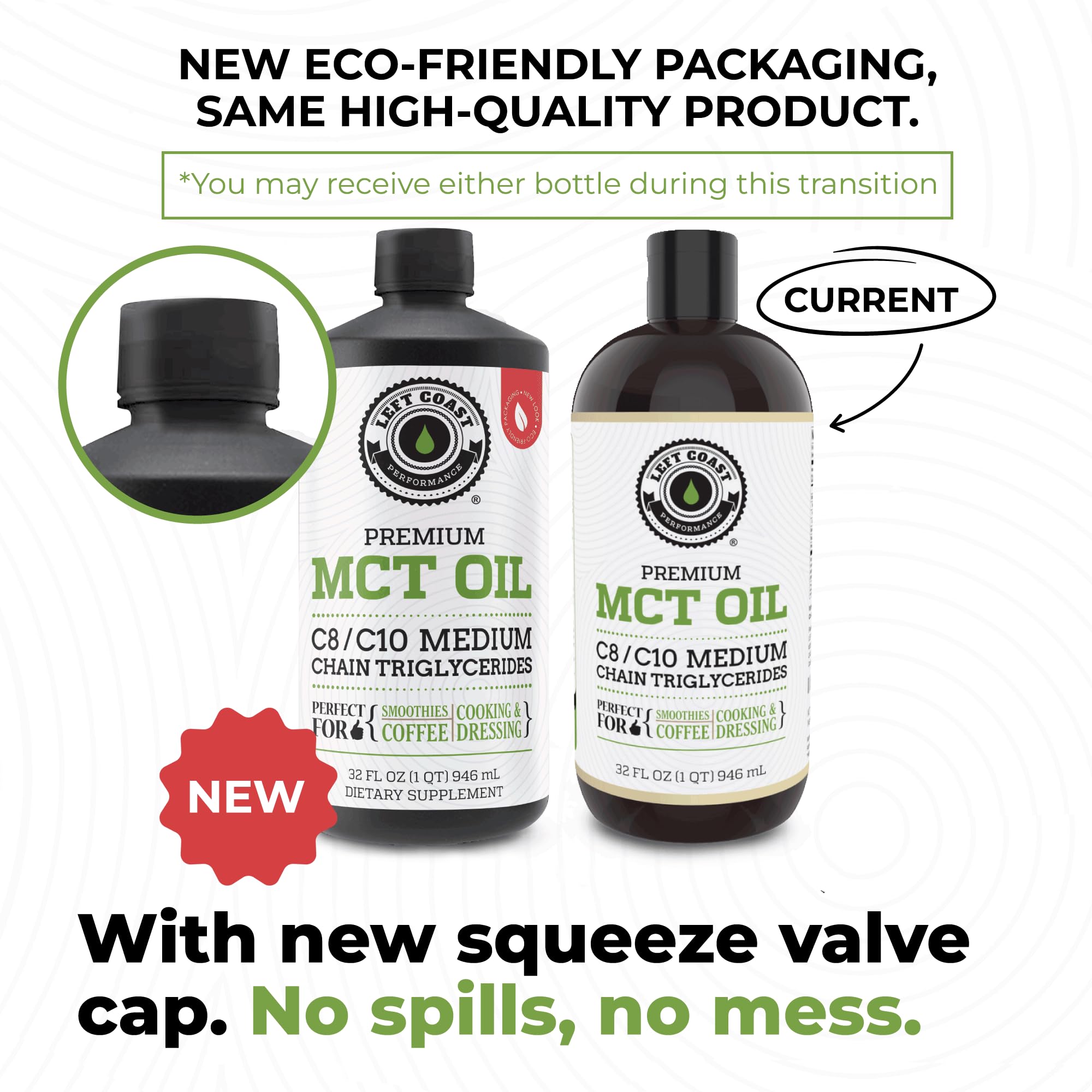Left Coast Performance MCT Oil Liquid label closeup with C8 and C10 highlights