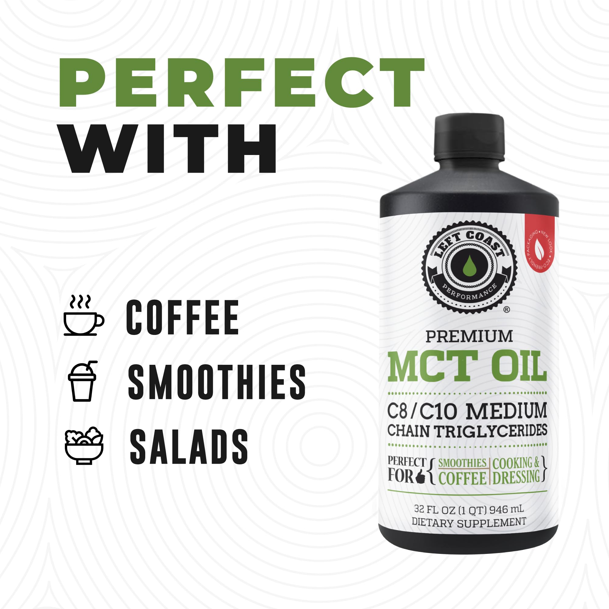Left Coast Performance MCT Oil Liquid with measuring spoon for easy dosing