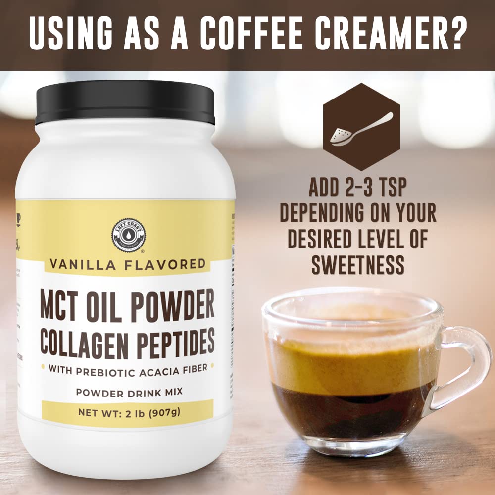 Left Coast Performance MCT Oil Powder on nutrition label; highlights 10g MCTs and 5g collagen.