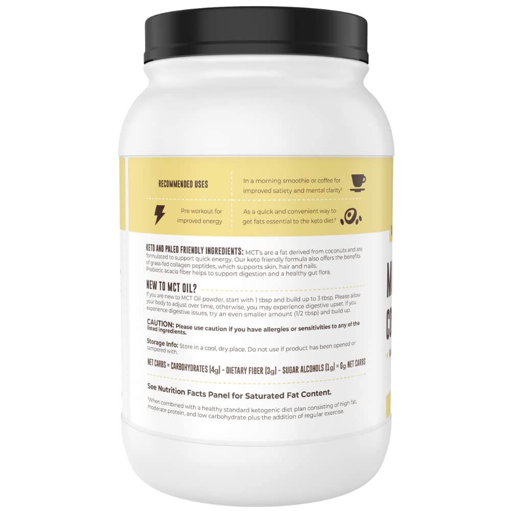 Left Coast Performance MCT Oil Powder with vanilla; gluten-free non GMO sugar-free keto creamer.