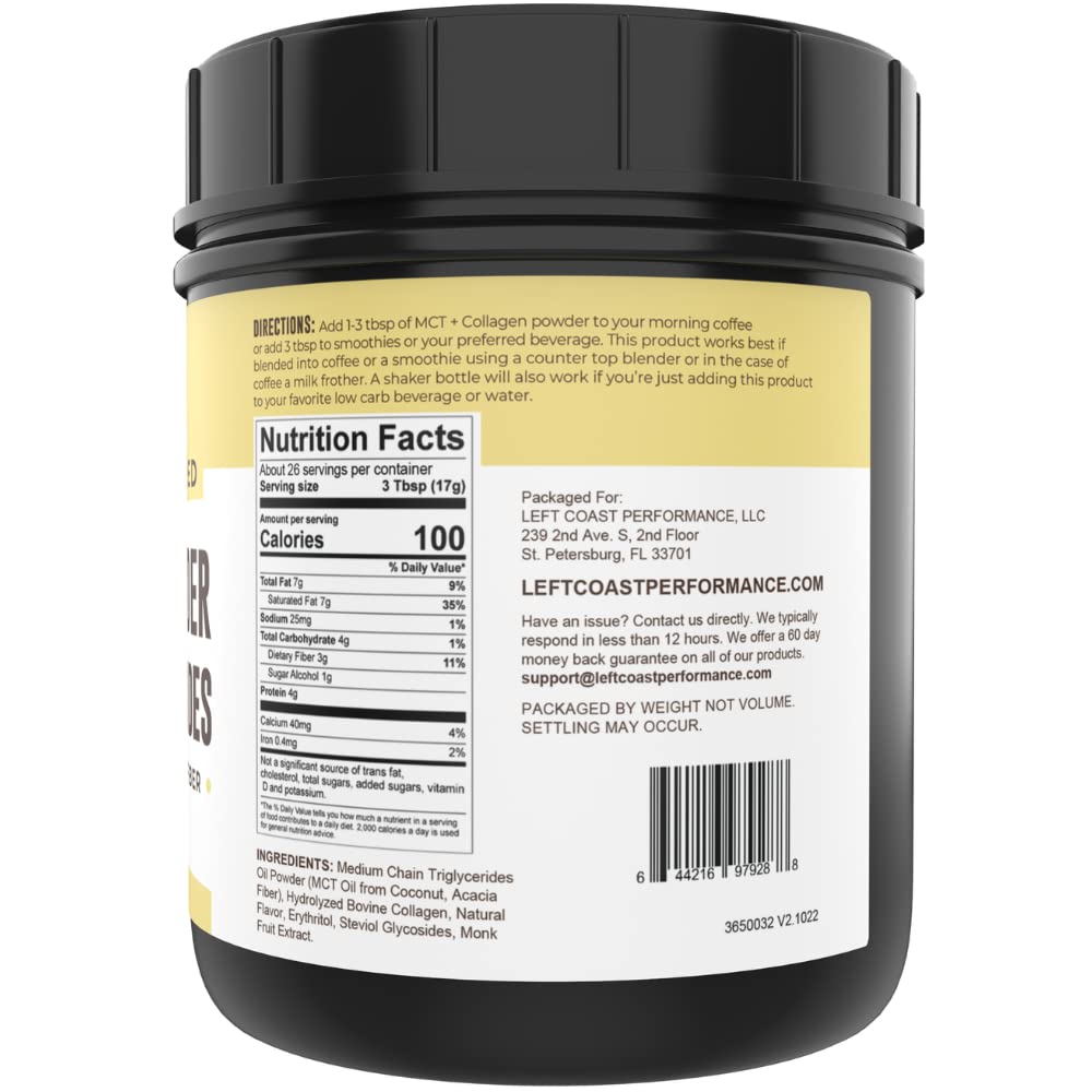 Left Coast Performance MCT Oil Powder Vanilla being poured into cup for steady energy