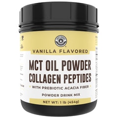 Left Coast Performance MCT Oil Powder Vanilla tub, suggesting keto-friendly energy benefits