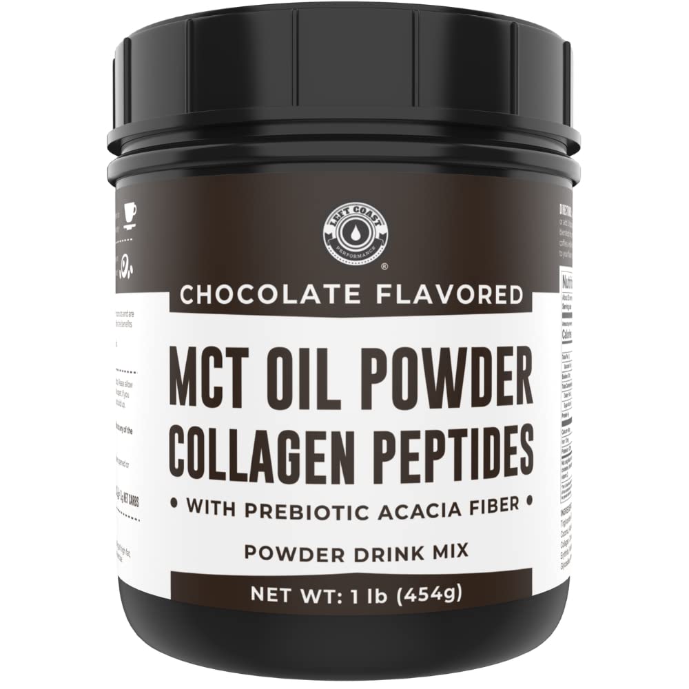 Left Coast Performance MCT Powder bottle, keto-friendly formula for busy mornings.