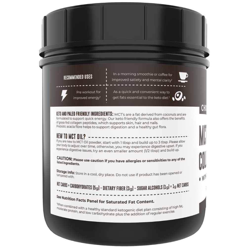 Left Coast Performance MCT Powder label highlights grass-fed collagen.