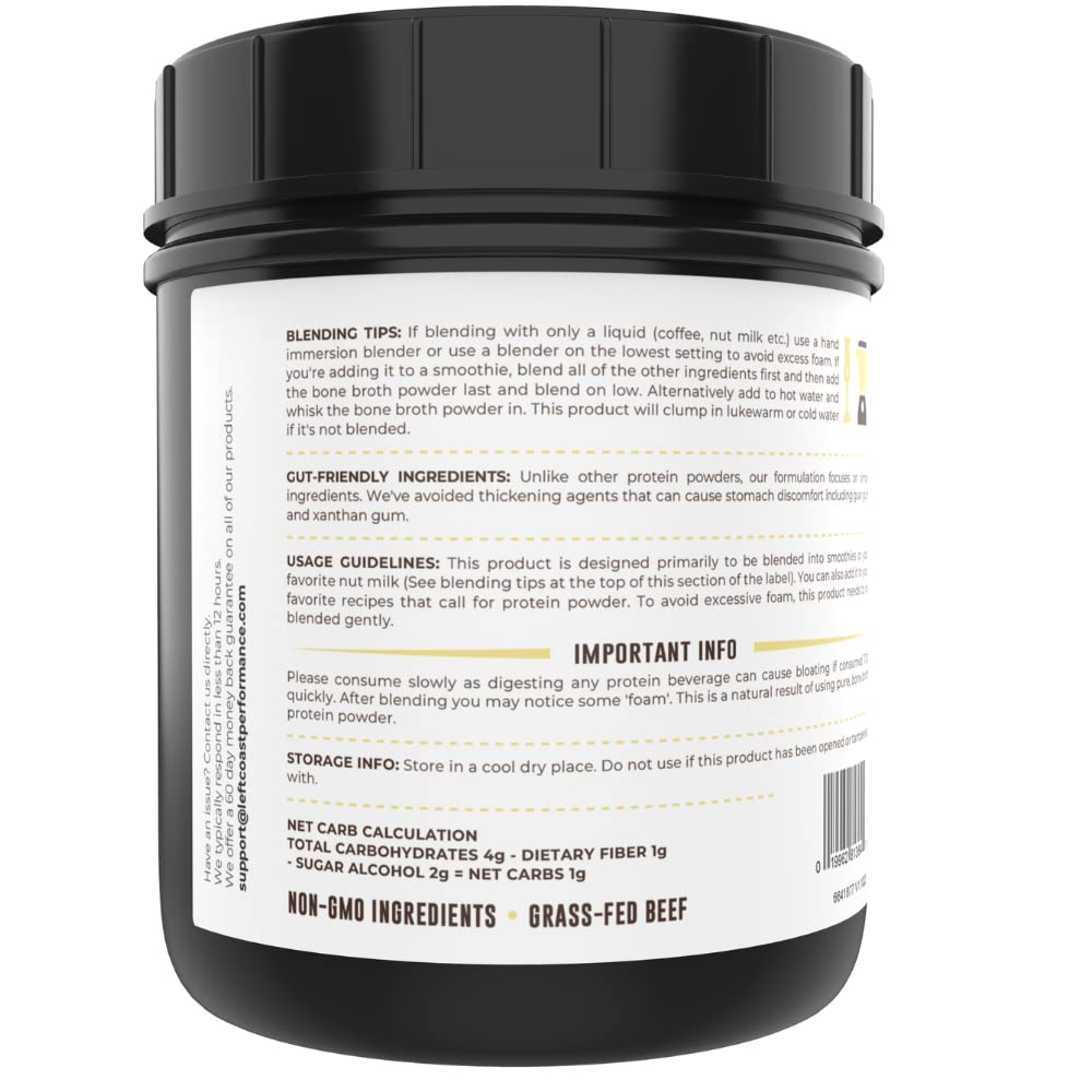 Left Coast Performance Vanilla Bone Broth Ingredients Label highlights non-GMO, dairy-free, gluten-free features