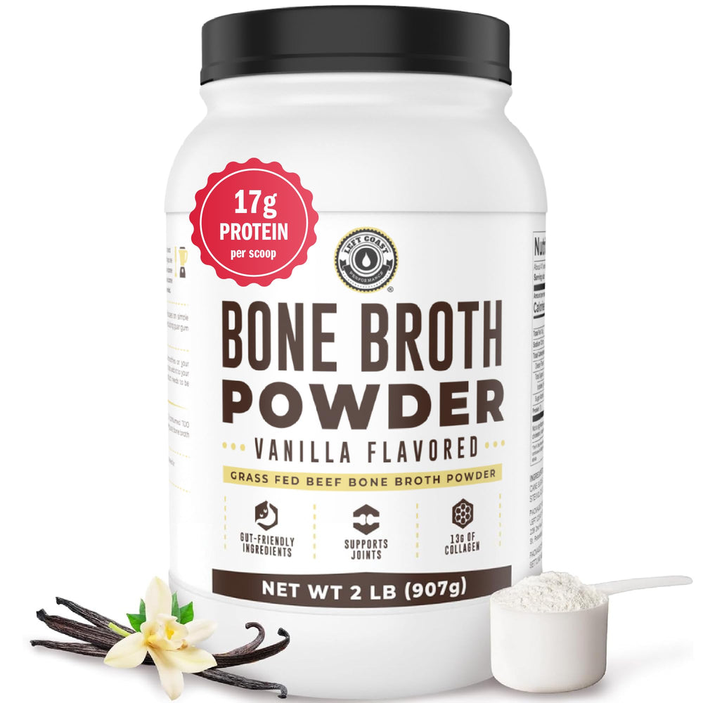 Left Coast Performance Vanilla Bone Broth Protein Powder jar showing dairy-free, grass-fed formulation